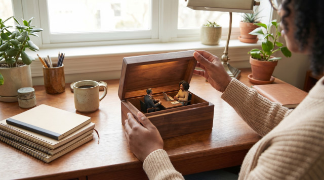 First person view of a miniature office diorama inside a walnut box with two figurines at a job interview