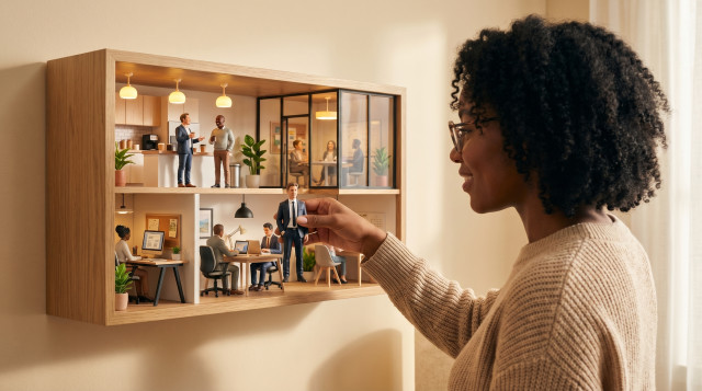 Recruiter placing a candidate figurine onto a wall shelf with a bustling miniature office diorama