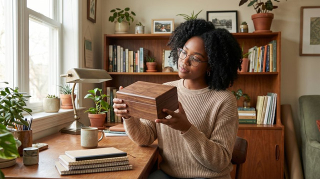 HR manager in a cozy office examining a closed walnut wood box at her desk with books and plants around