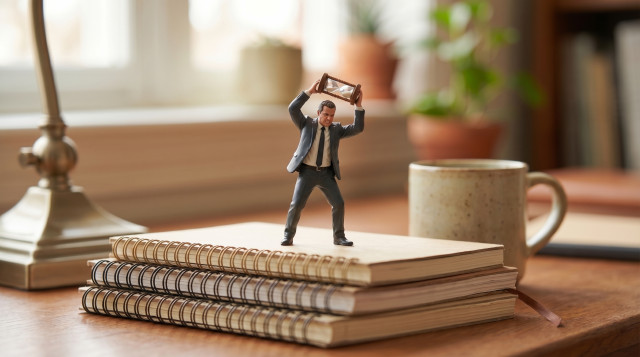 Frustrated candidate figurine raising a tiny hourglass above his head on a stack of notebooks