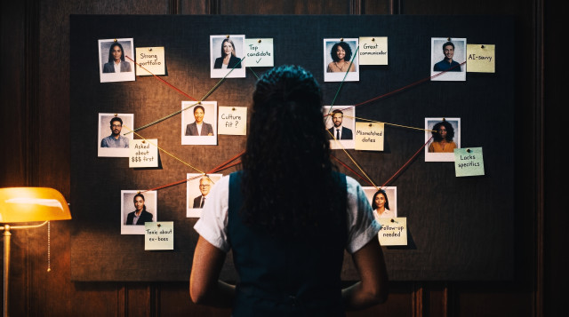 Recruiter studying a board of candidate photos with sticky notes and connecting threads