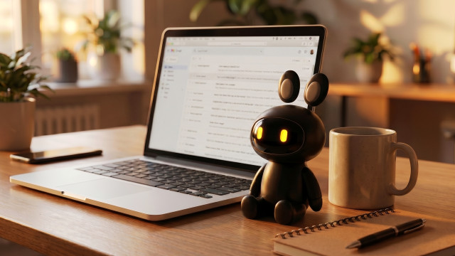 VideoApply AI Assistant robot next to an open laptop on a wooden desk
