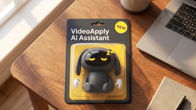 VideoApply AI Assistant robot mascot in retail blister packaging with a NEW badge