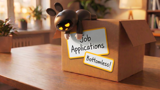 Worn-out VideoApply AI mascot slumped over a box of endless job applications