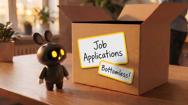 Charcoal-grey VideoApply AI mascot next to a box of endless job applications