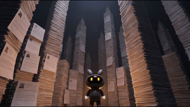 Charcoal-grey VideoApply AI mascot surrounded by giant piles of paper applications