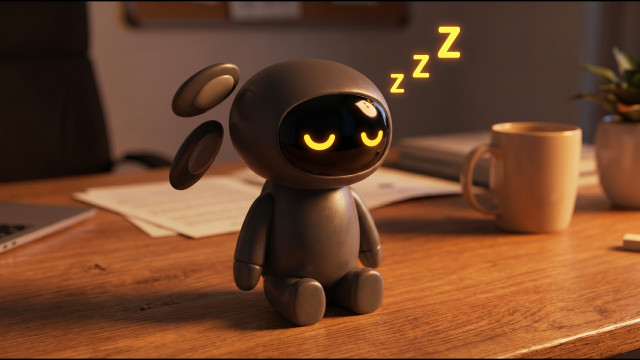 VideoApply AI Assistant mascot nodding off at a desk