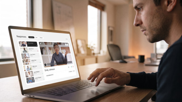 Recruiter reviewing candidate video responses on a laptop