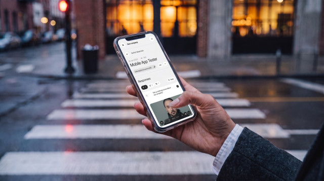 Hand holding a smartphone showing an inbox with 187 unread job application emails on a city crosswalk