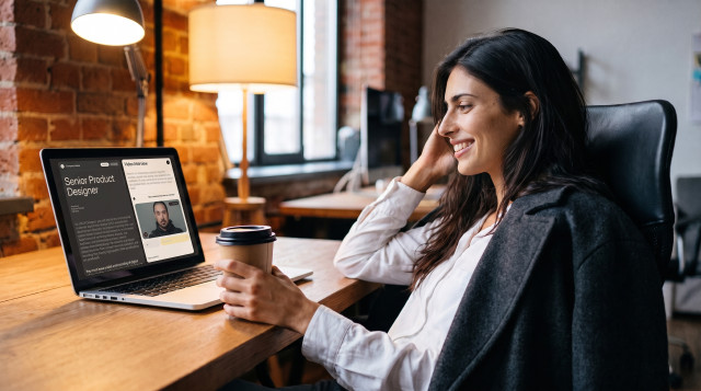 Recruiter smiling while watching a candidate's on-demand video interview on a laptop