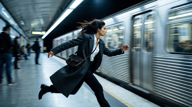Woman in business attire running to catch a departing subway train