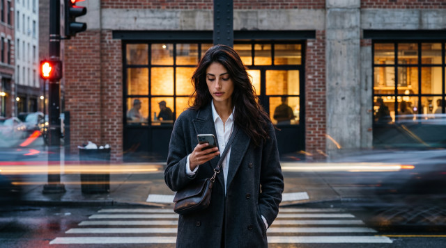 Woman in a grey coat checking her phone at a city intersection at dusk