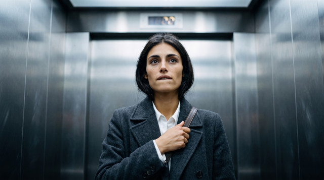 Woman in a grey coat looking up anxiously while riding an elevator