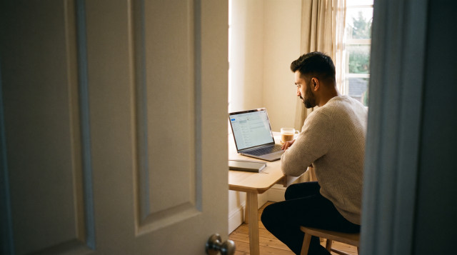 Seen through a half-open door, a man works alone at a laptop in a sunlit home office, going through his email.