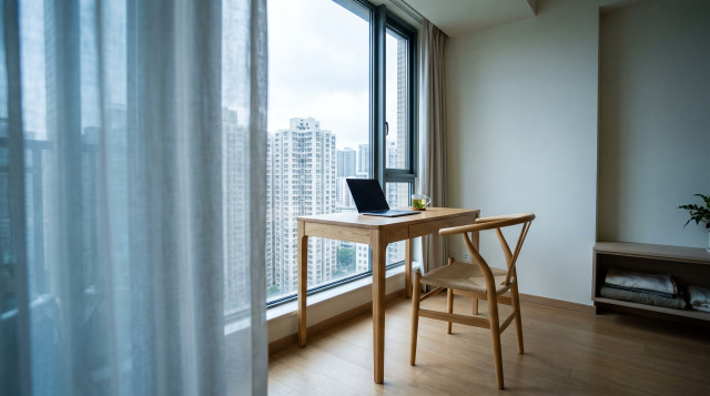 An empty wooden desk with a laptop and a glass of tea by a floor-to-ceiling window overlooking high-rise apartment towers.