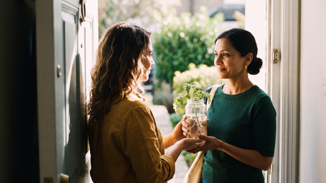 Woman handing a friend a jar with a rooted tomato cutting at the front door, a metaphor for employee referrals