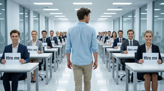 A man standing before an endless corridor of desks, each occupied by a different but impossibly perfect candidate holding a "Hire me" sign — visualizing the overwhelming flood of applications.
