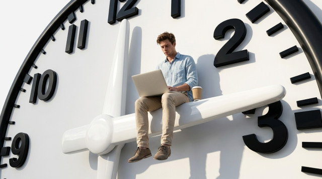 A tiny man in a blue shirt sitting on the minute hand of a giant white clock, laptop on his knees, dwarfed by the enormous dial — a surreal metaphor for time lost to hiring admin.