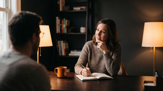 Interviewer listening attentively and taking notes while a candidate speaks across a table in a warm home office