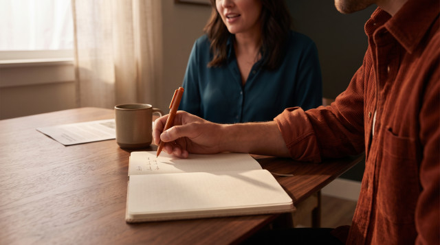 Close-up of an interviewer's hand writing notes in a notebook during a job interview