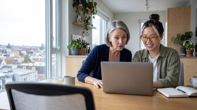 Two women reviewing candidate video responses together on a laptop, one surprised, one smiling