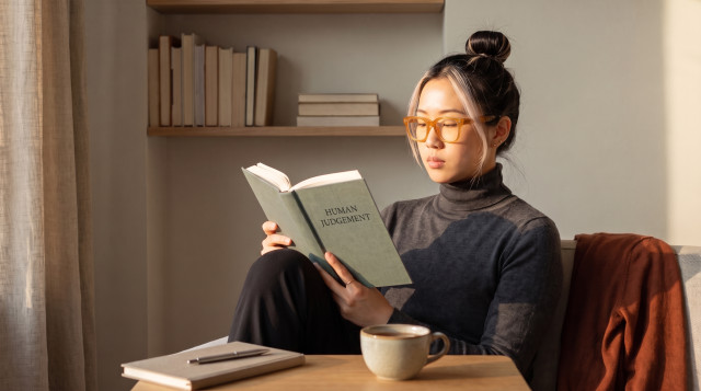 Woman in glasses reading a hardcover book titled "Human Judgement", coffee and notebook on the table